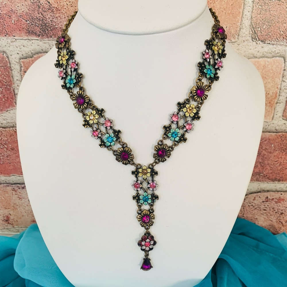 Michal Negrin Y Style Necklace Brass Rhinestones Floral Design